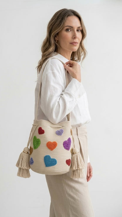 MULTICOLOR BEADED HEART ARTISAN PURSE