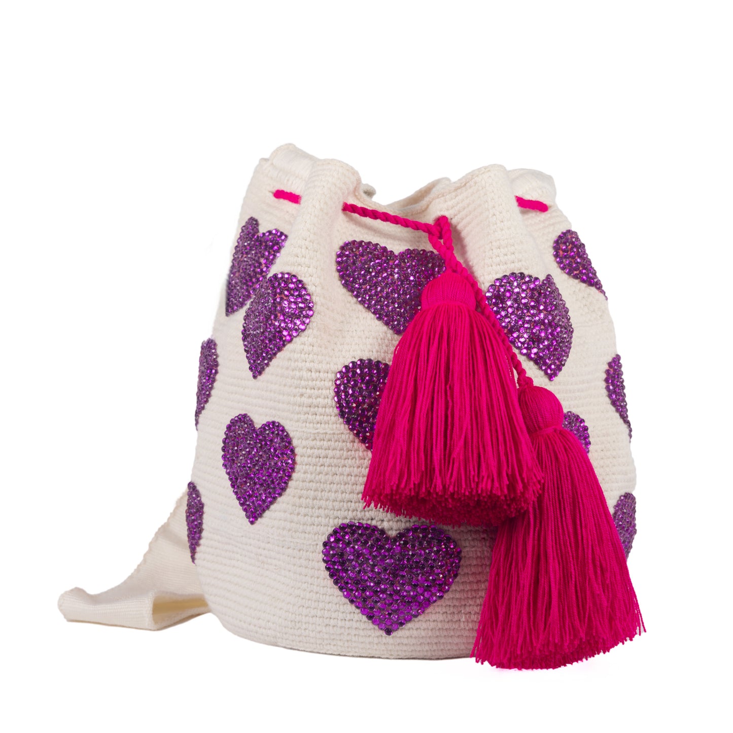 IVORY WITH PURPLE BEADED HEARTS BOHO PURSE