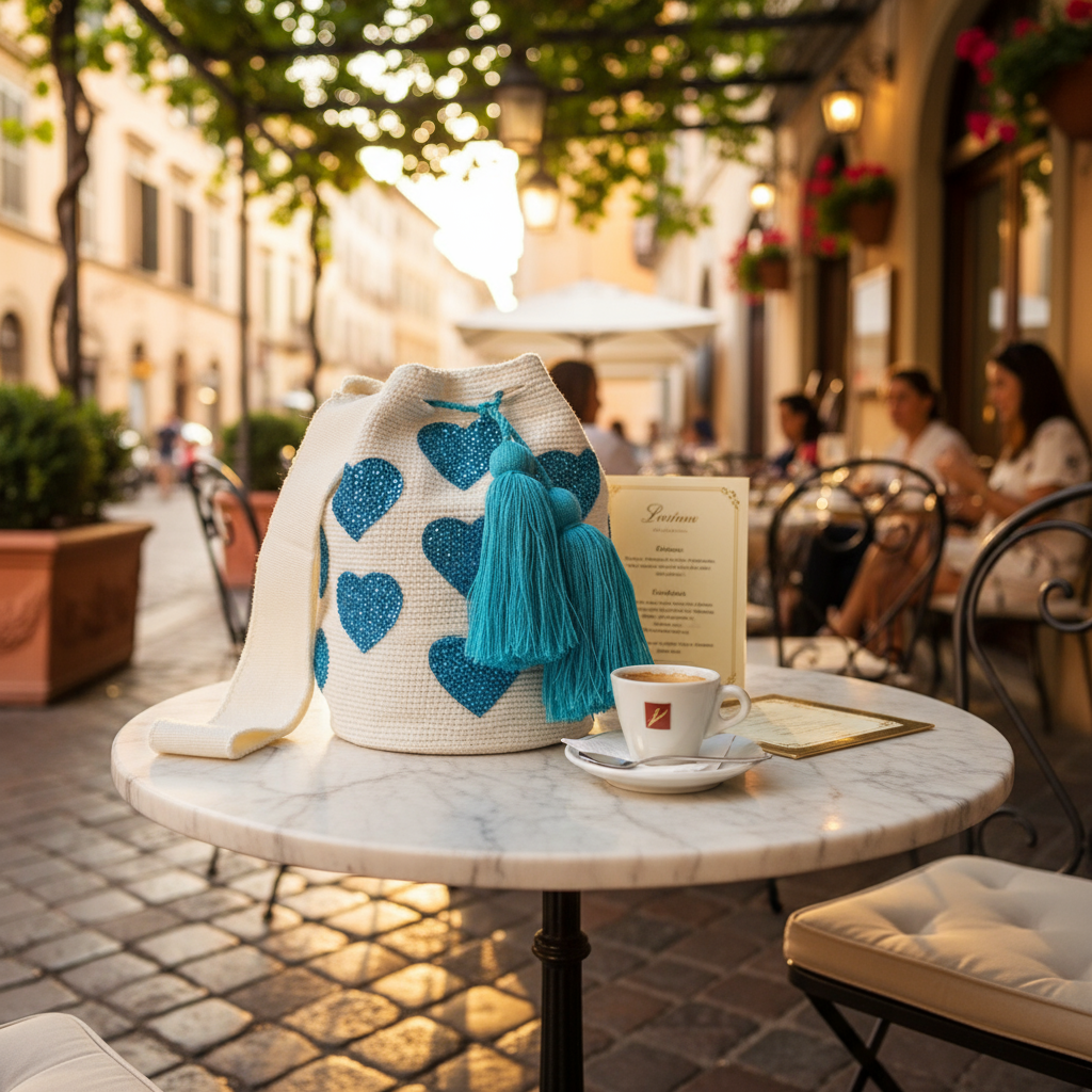 IVORY & TURQUOISE HEART BEADED ARTISAN PURSE
