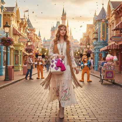 IVORY WITH PURPLE BEADED HEARTS BOHO PURSE