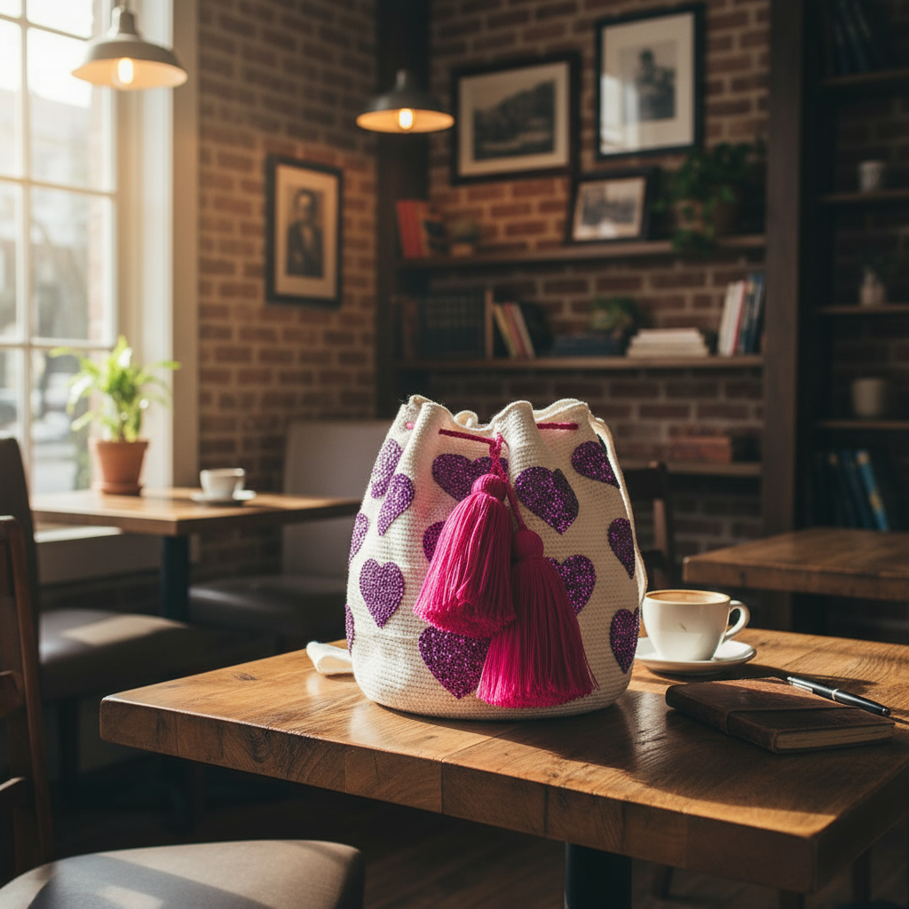 IVORY WITH PURPLE BEADED HEARTS BOHO PURSE