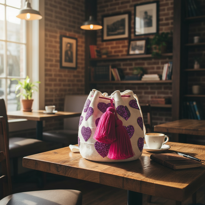 IVORY WITH PURPLE BEADED HEARTS BOHO PURSE