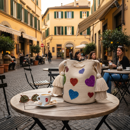 MULTICOLOR BEADED HEART ARTISAN PURSE