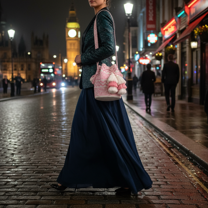PINK & WHITE BEADED GEOMETRIC BOHO ARTISAN PURSE