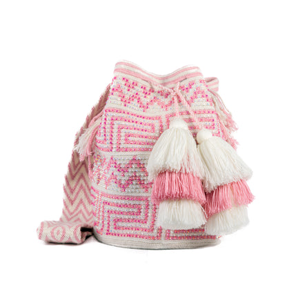 PINK & WHITE BEADED GEOMETRIC BOHO ARTISAN PURSE